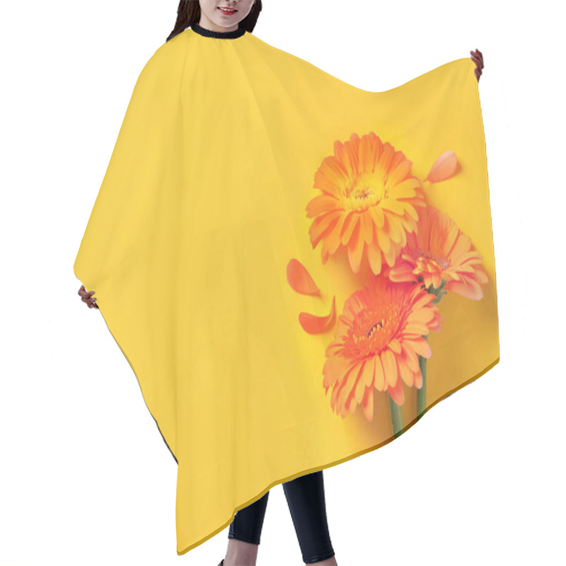 Personality  Beautiful Orange Gerbera Flowers And Petals On Yellow Background, Flat Lay. Space For Text Hair Cutting Cape