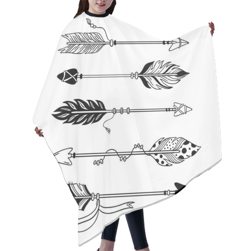 Personality  Ethnic Arrows. Hand Drawn Feather Arrow, Tribal Feathers On Pointer And Decorative Boho Bow Isolated Vector Set Hair Cutting Cape