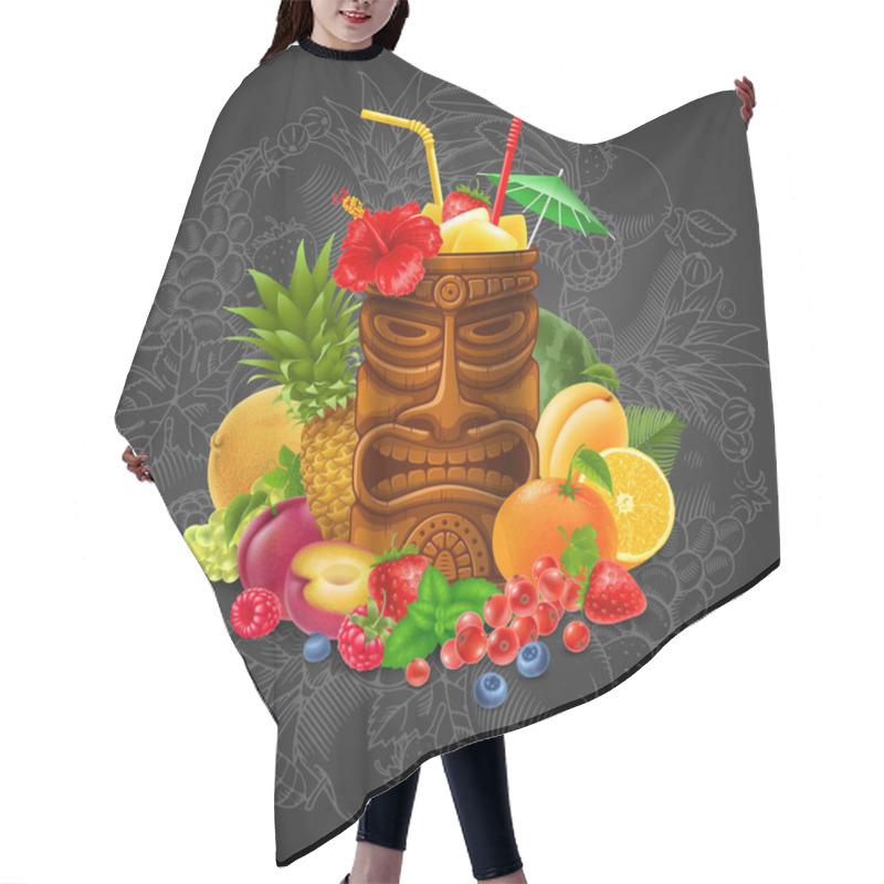 Personality  Refreshing Tropical Cold Tiki Drink Cocktail With Fruits On Blackboard Background. Vector Illustration.  Hair Cutting Cape