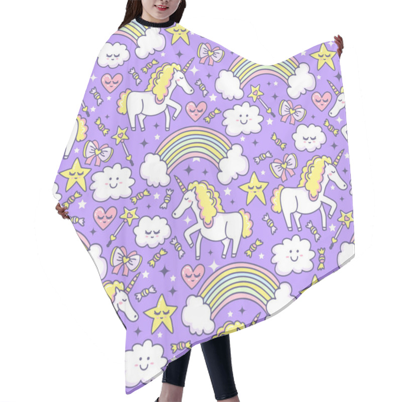 Personality  Sleep Dreams. Seamless Pattern With Magical Unicorn, Rainbow, Clouds, Stars, Bow, Candy And Hearts. Violet Background For Funny Design Elements.  Hair Cutting Cape