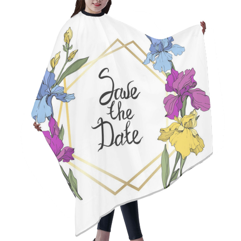 Personality  Vector Purple, Blue And Yellow Irises. Wildflowers Isolated On White. Floral Frame Border With 'save The Date' Lettering Hair Cutting Cape