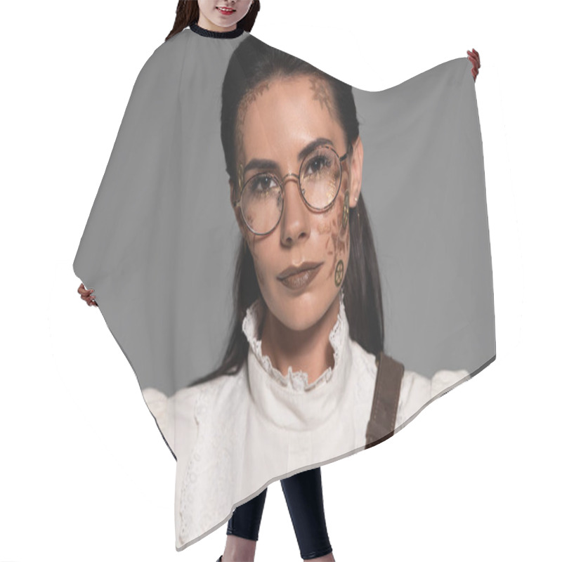 Personality  Front View Of Steampunk Woman In Glasses With Makeup Looking At Camera Isolated On Grey Hair Cutting Cape