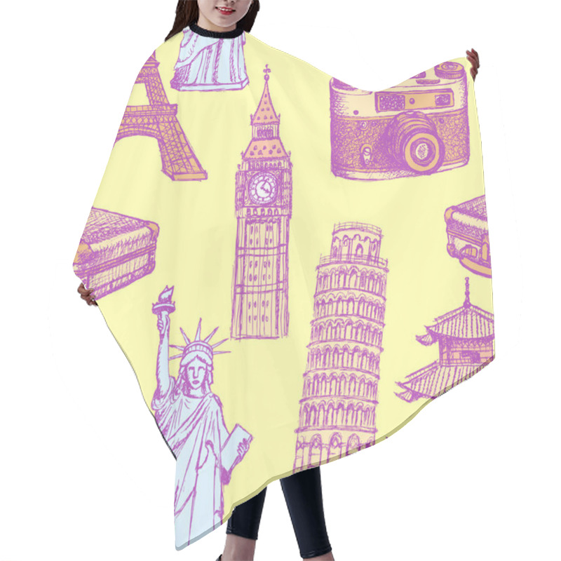 Personality  Sketch Eiffel Tower, Pisa Tower, Big Ben, Suitecase, Photocamera Hair Cutting Cape