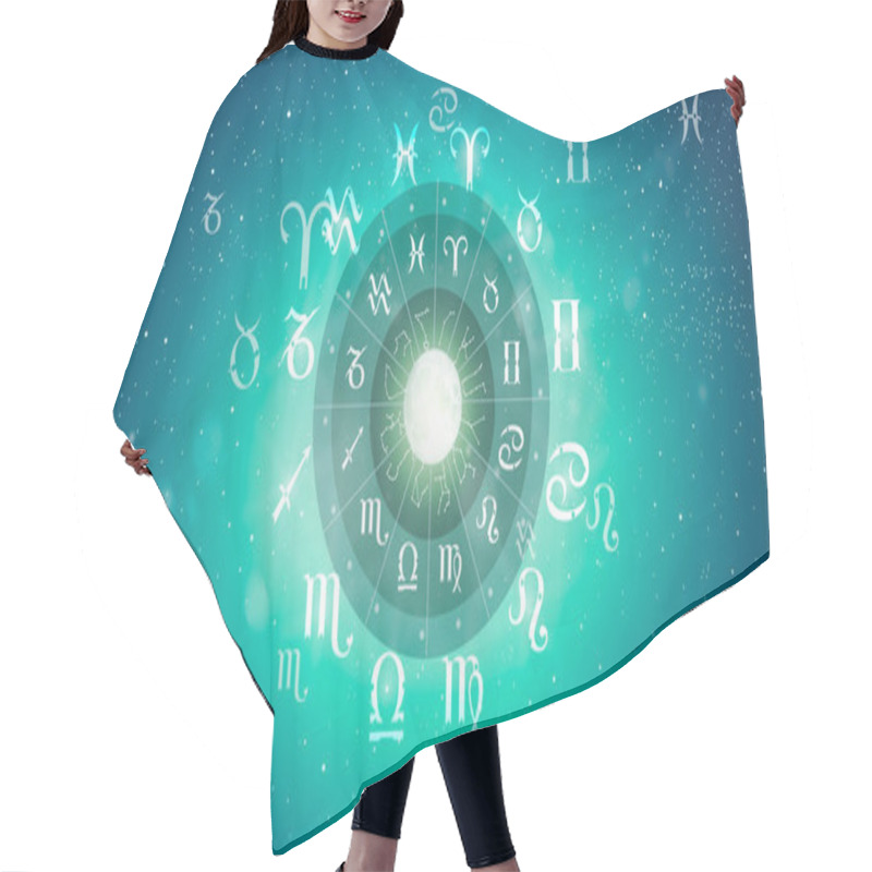 Personality  Astrological Zodiac Signs Inside Of Horoscope Circle. Astrology, Knowledge Of Stars In The Sky Over The Milky Way And Moon. The Power Of The Universe Concept. Hair Cutting Cape