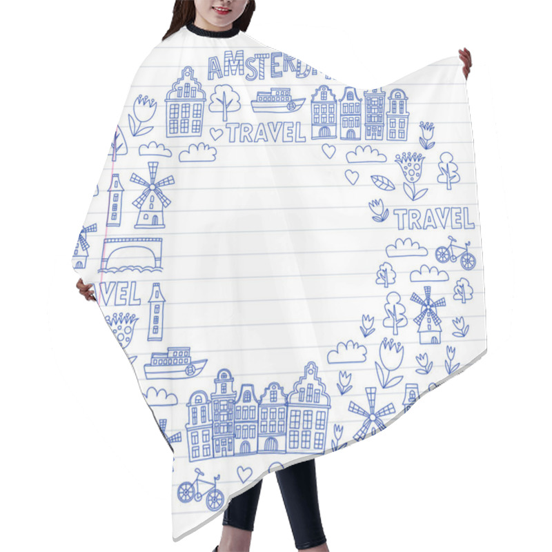 Personality  Vector Pattern With Holland, Netherlands, Amsterdam Icons. Doodle Style. Hair Cutting Cape