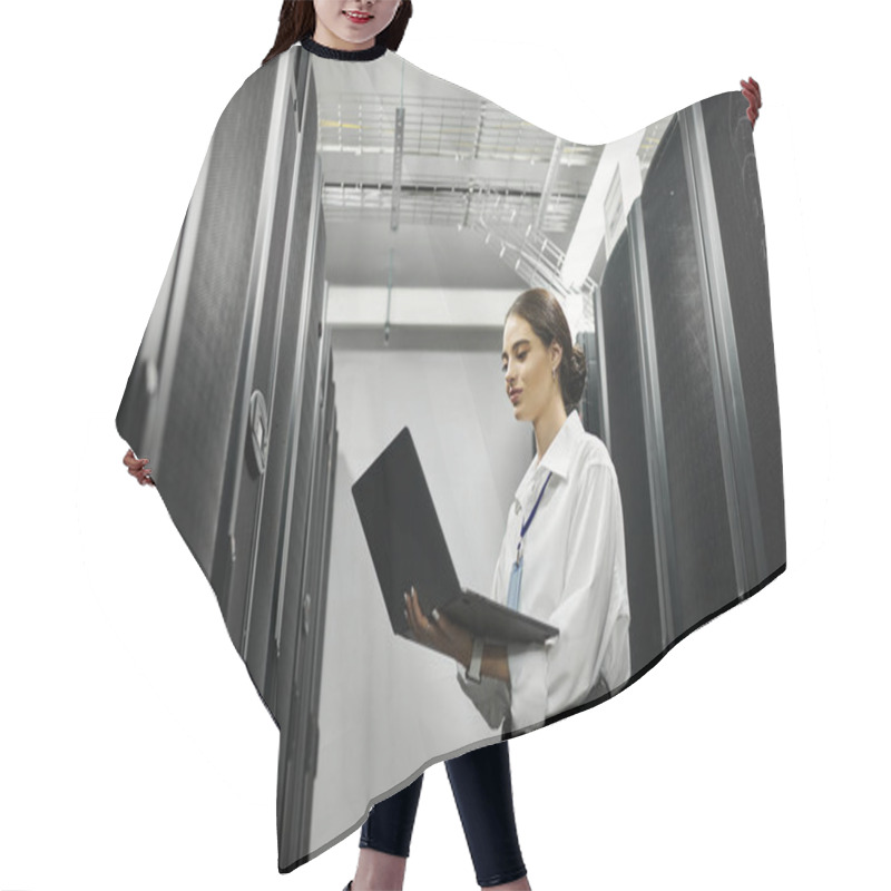 Personality  Woman In A White Shirt Works Diligently In A Modern Server Room, Handling Computer Systems. Hair Cutting Cape