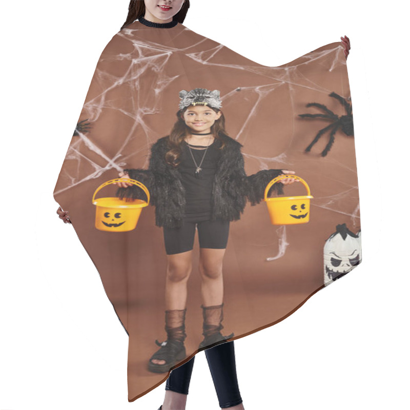 Personality  Happy Girl With Two Pumpkin Buckets With Lanterns, Cobweb And Spiders, Halloween Concept Hair Cutting Cape