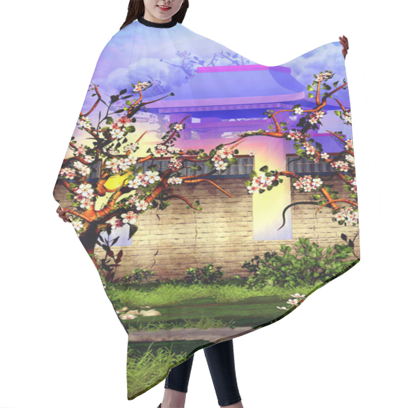 Personality  Cherry Trees Blossom In Front Of The Mountain Temple Brick Wall Hair Cutting Cape