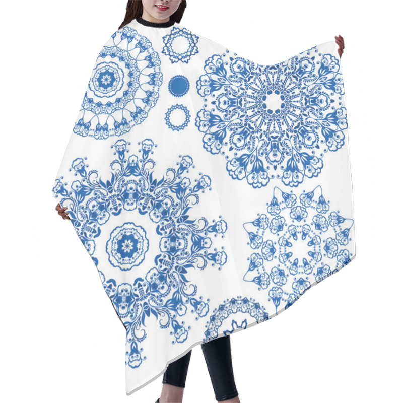 Personality  Set Of  Blue Floral Circle Patterns. Background In The Style Of  Hair Cutting Cape