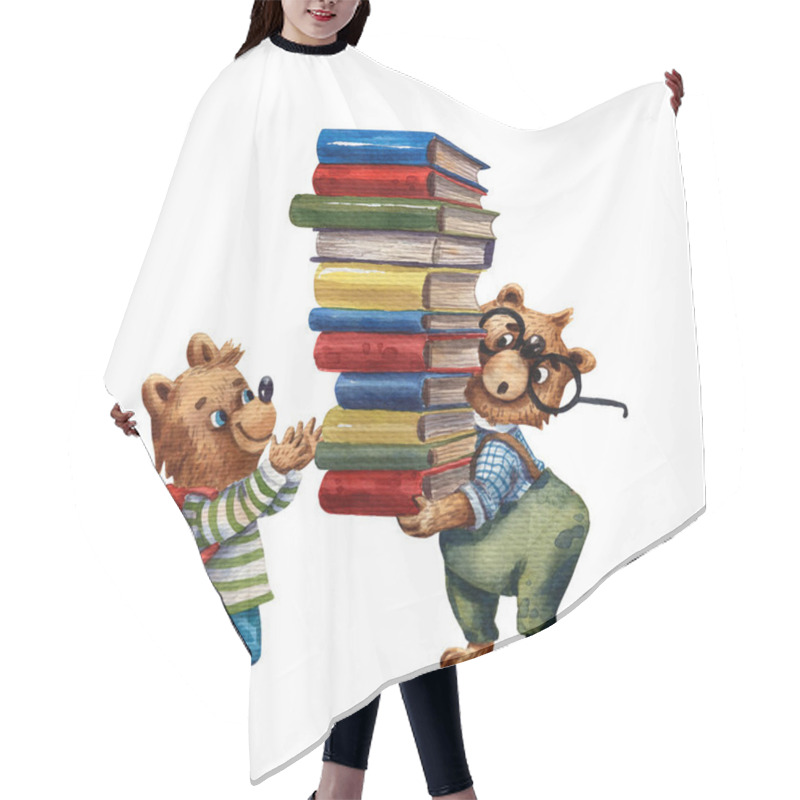 Personality  Watercolor Illustration Of Cute Bears. Pupil Characters. Elementary School Illustration. Cartoon Style. School Stuff. Drawing Book Illustration. Little Clever Boy With Books. Children Library. Hair Cutting Cape