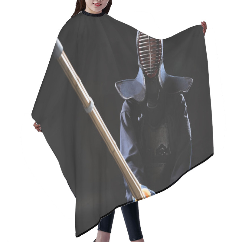 Personality  Kendo Fighter In Helmet Holding Bamboo Sword On Black Hair Cutting Cape