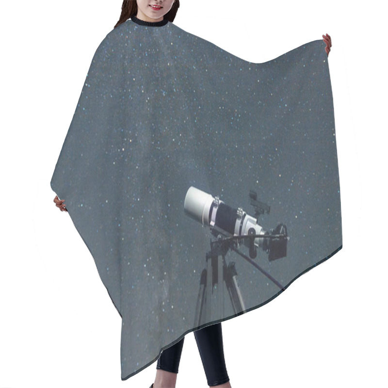 Personality  Telescope In Real Night Sky. Blurred Night Sky. Blurred Milky Way. Refractor Type. Telescope  Hair Cutting Cape