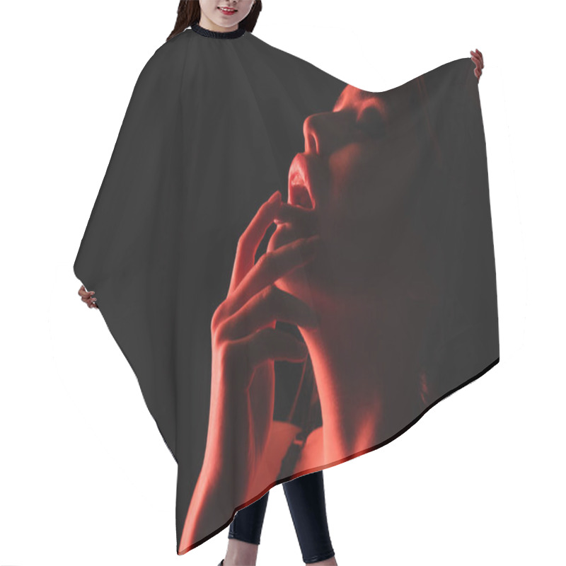 Personality  Red Lighting On Sexy Woman Touching Lips Isolated On Black  Hair Cutting Cape