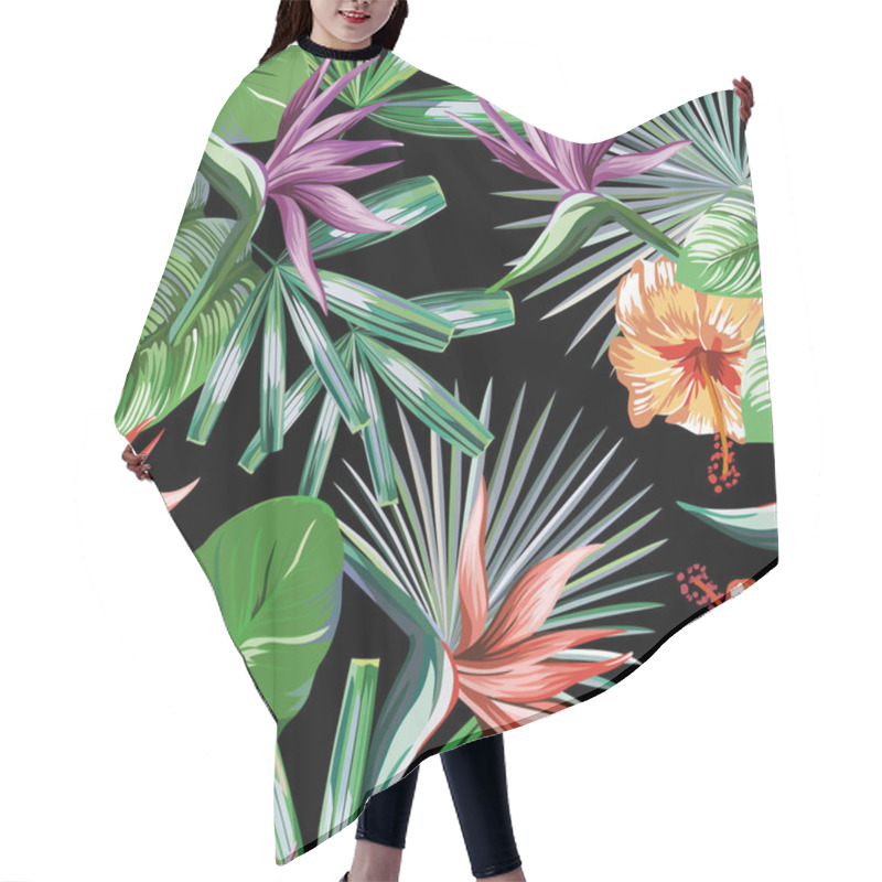 Personality  Seamless Vivid Exotic Pattern With Tropical Palm, Banana Leaves And Bird Of Paradise, Strelitzia, Hibiscus Flower On A Black Background Green Vector Style. Hawaiian Tropical Natural Floral Wallpaper Hair Cutting Cape