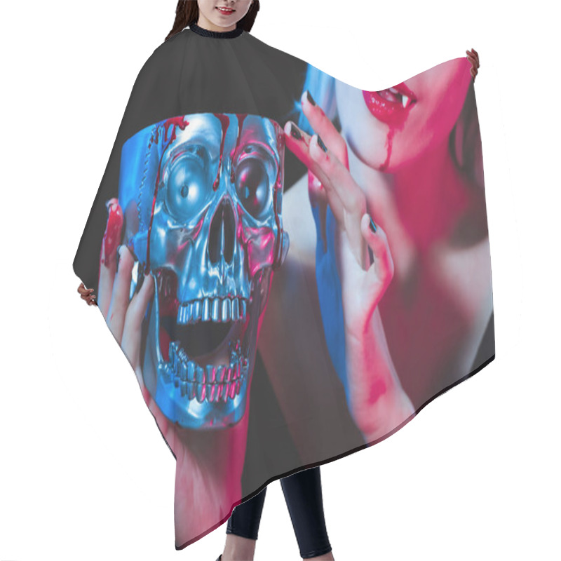 Personality  Cropped View Of Vampire Holding Metal Skull With Blood Isolated On Black Hair Cutting Cape