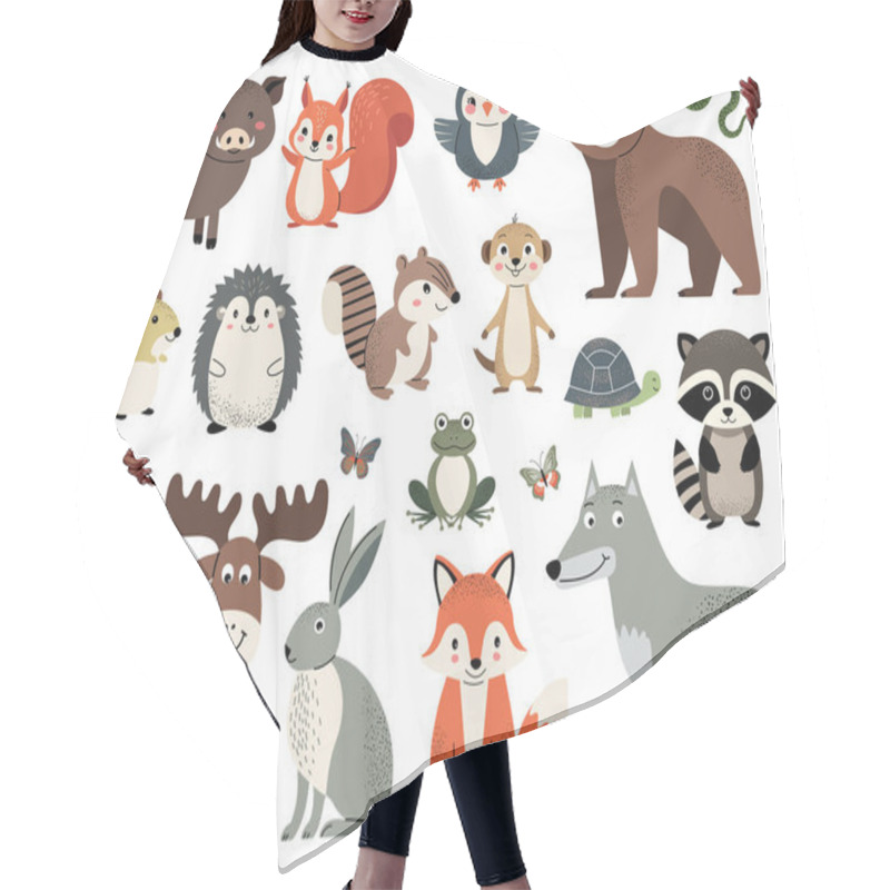 Personality  Set Of Cute Forest Animals. Woodland Animals. Wolf, Fox, Owl, Boar, Chipmunk, Rabbit. Hair Cutting Cape