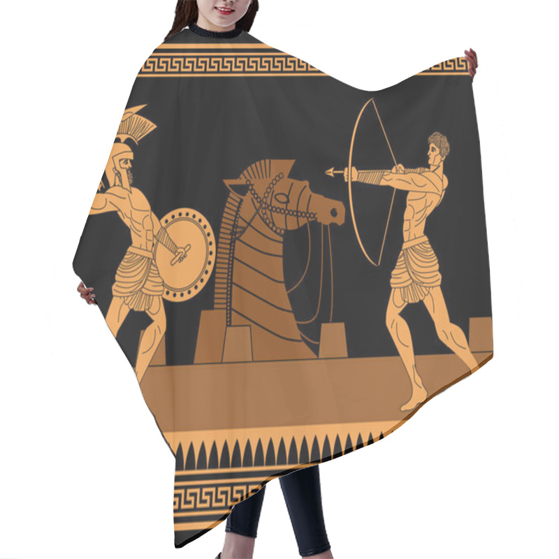 Personality  Orange And Black Figures Pottery Amphora Painting Of Troy War With Achilles Fighting Hair Cutting Cape