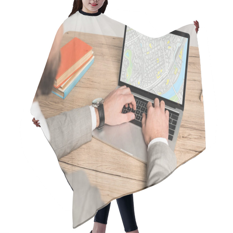 Personality  Cropped View Of Businessman Using Laptop With Map On Screen Isolated On Grey Hair Cutting Cape