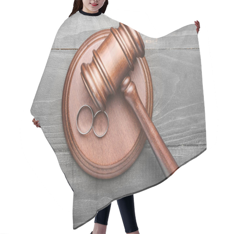 Personality  Judge's Gavel And Rings On Wooden Background. Concept Of Divorce Hair Cutting Cape