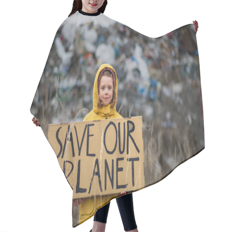 Personality  Small Child Holding Placard Poster On Landfill, Environmental Pollution Concept. Hair Cutting Cape