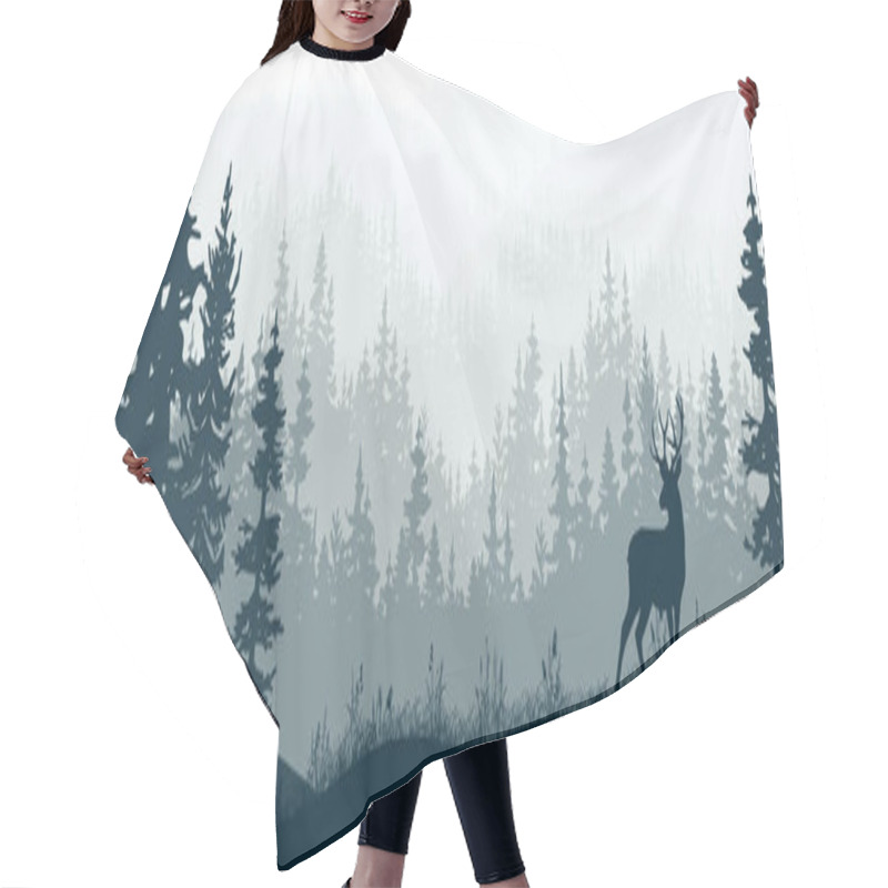 Personality  Horizontal Banner. Silhouette Of Deer Standing On Meadow In Forrest. Silhouette Of Animal, Trees, Grass. Magical Misty Landscape, Fog. Blue And Gray Illustration. Bookmark. Hair Cutting Cape