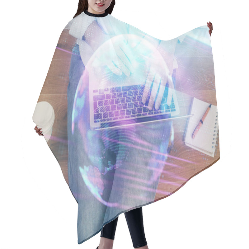 Personality  Technology Theme Hologram With Man Working On Computer On Background. High Tech Concept. Multi Exposure. Hair Cutting Cape