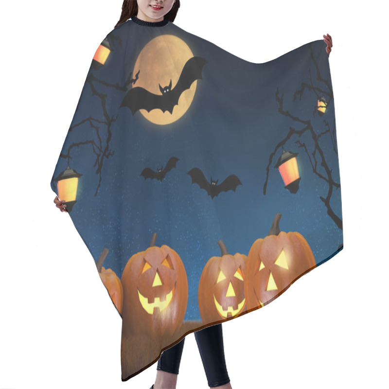 Personality  Halloween Background Scene With Full Moon, Pumpkins And Bats Hair Cutting Cape