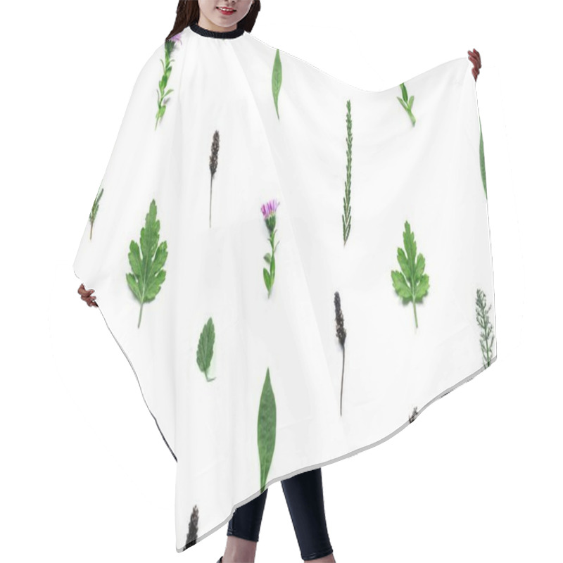 Personality  Pattern With Flowers, Branches, Leaves And Petals Isolated On White Background. Flat Lay, Overhead View Hair Cutting Cape