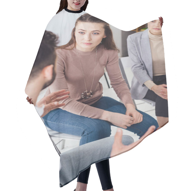 Personality  Women And Man Sitting And Having Discussion During Group Therapy Session Hair Cutting Cape