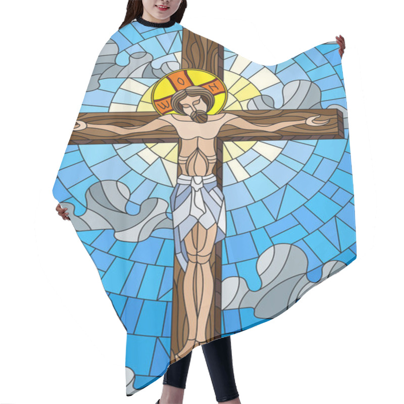 Personality  Illustration In Stained Glass Style On The Biblical Theme, Jesus Christ On The Cross Against The Cloudy Sky And The Sun Hair Cutting Cape