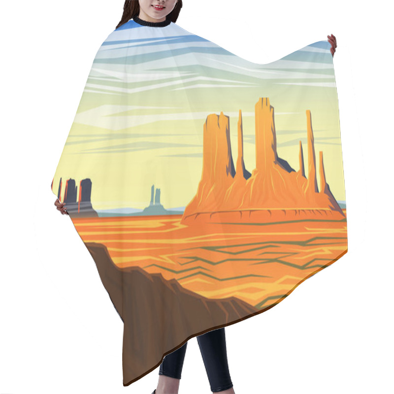 Personality  Mountain And Monument Valley, Morning Panoramic View, Peaks, Landscape Early In Daylight. Travel Or Camping, Climbing, Vector Illustration For Website Or Banner. Outdoor Hill Tops, Hunts Mesa, Arizona Hair Cutting Cape