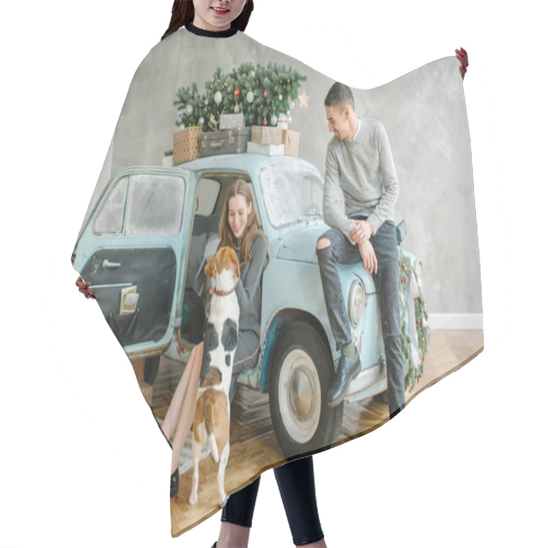 Personality  Young Couple With Beagle And Retro Car In Decorated Studio Hair Cutting Cape