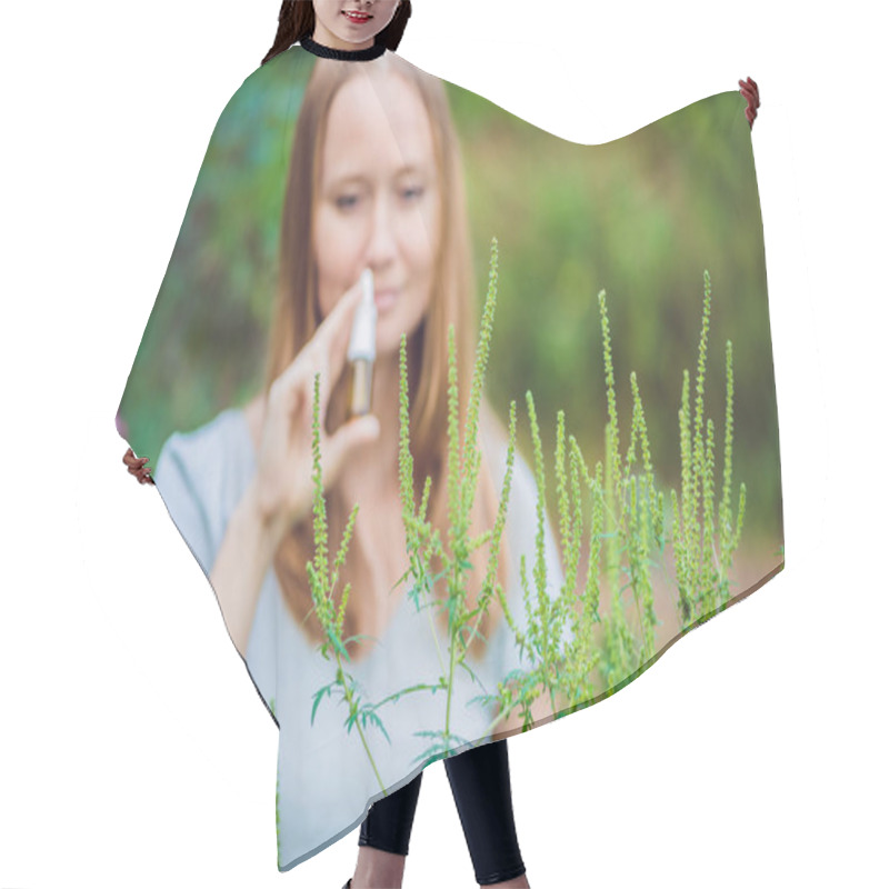 Personality  Young Woman Uses A Spray From An Allergy Because Of An Allergy To Ragweed Hair Cutting Cape