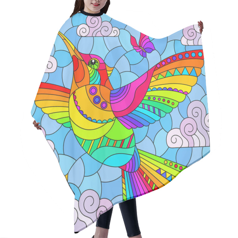 Personality  An Illustration In The Style Of A Stained Glass Window With A Bright Cartoon Hummingbird Bird On A Background Of Blue Sky And Clouds Hair Cutting Cape