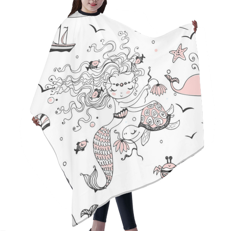 Personality  Seamless Pattern With Cute Little Mermaids. Vector. Hair Cutting Cape