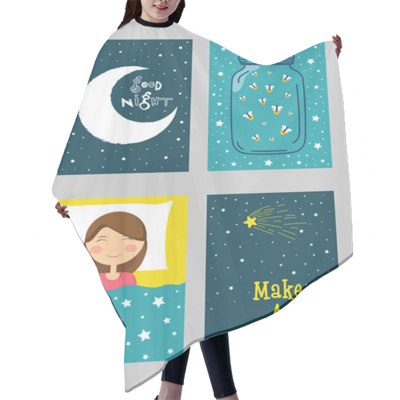 Personality  Good Night Greeting Card Set In Doodle Style. Hair Cutting Cape