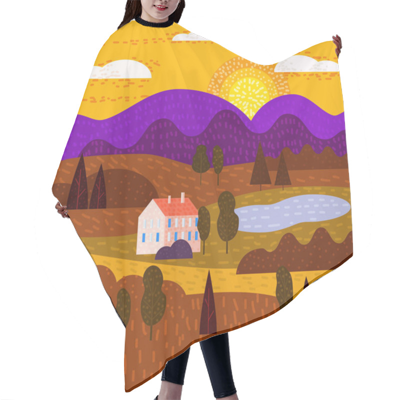 Personality  Landscape Rural Country With Building, House Mountains Hills And Trees. Vector Illustration In Trendy Simple Minimal Geometric Flat Style, Websites, Banner, Cover Poster Hair Cutting Cape