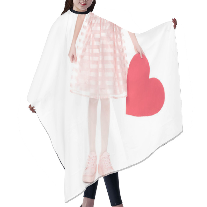 Personality  Cropped Shot Of Little Child In Pink Dress Holding Red Heart Symbol Isolated On White Hair Cutting Cape