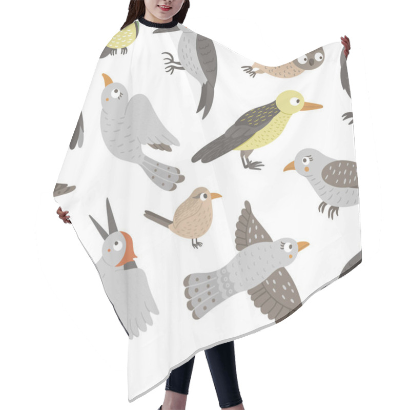 Personality  Vector Seamless Pattern Of Hand Drawn Flat Funny Woodland Birds. Hair Cutting Cape