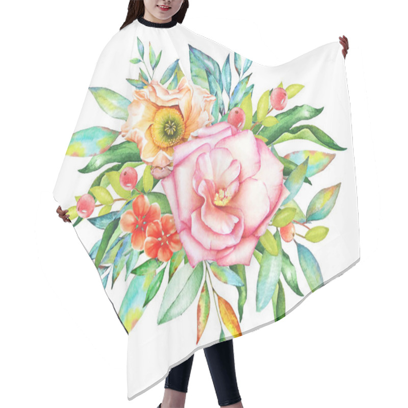 Personality  Watercolor Hand Drawn Bouquet With Rose, Poppy And Nasturtium Flowers, Berries And Leaves On White Background Hair Cutting Cape