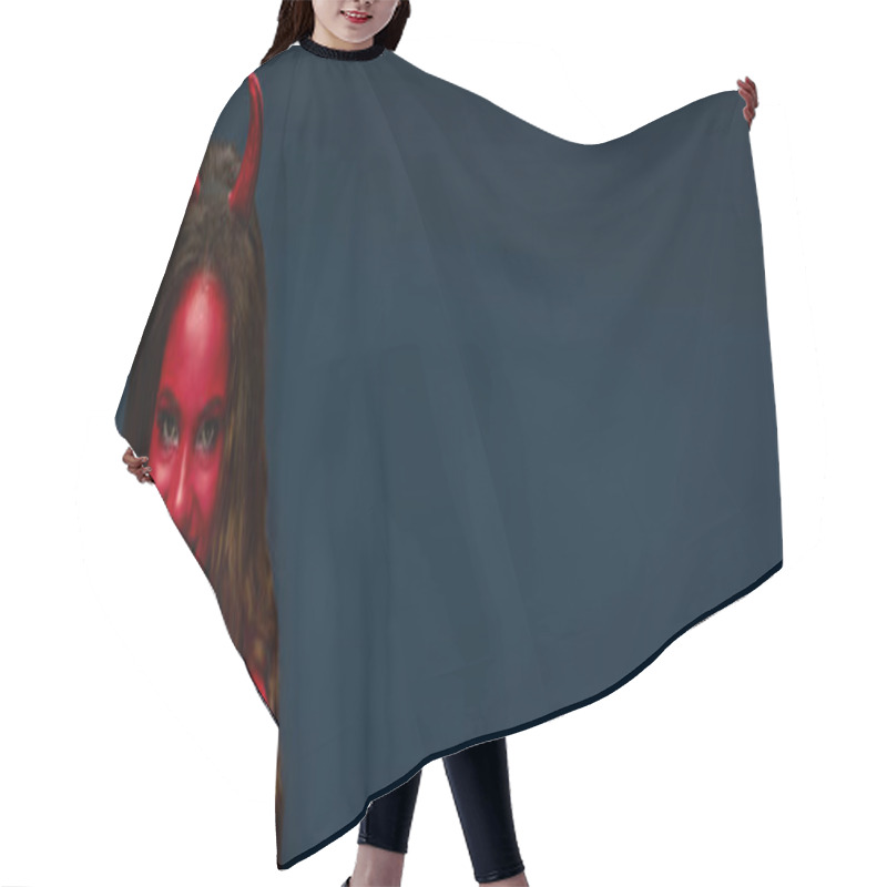 Personality  The Beautiful Woman Poses Confidently In A Bright Red Devil Costume, Radiating Halloween Spirit. Hair Cutting Cape