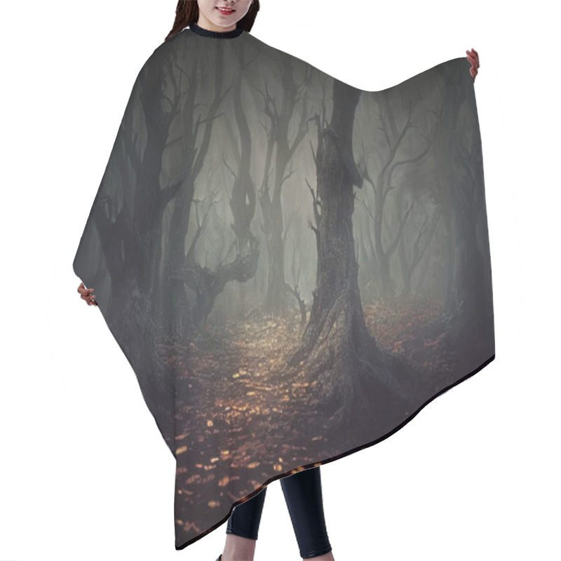 Personality  Deep In Fairy Tale Forest, Dark Spooky Trees Silhouettes Along A Misty Path. 3D Digital Illustration Hair Cutting Cape