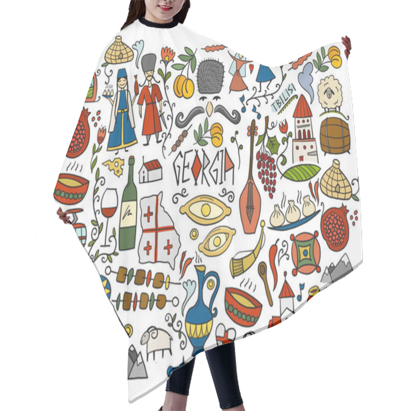 Personality  Georgia Country. Travel Background. Collection Of Design Elements - Food, Places And Dancing People. Horizontal Print Hair Cutting Cape