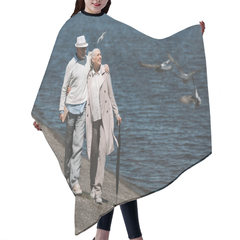 Personality  Senior Couple Walking On Beach  Hair Cutting Cape