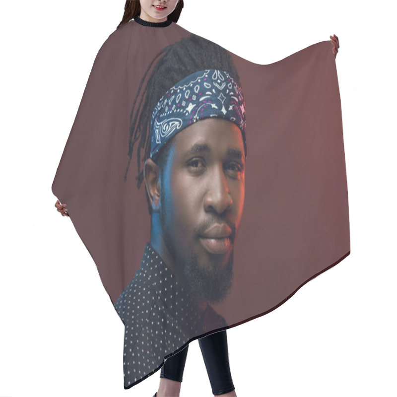 Personality  Portrait Of Handsome African American Man Isolated On Burgundy Hair Cutting Cape