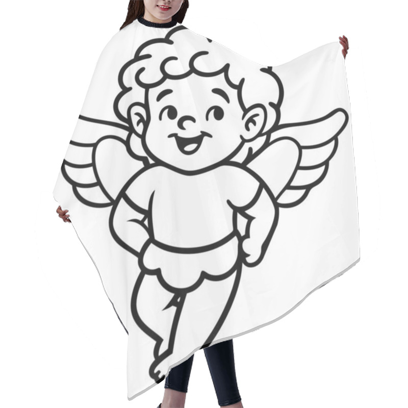 Personality  Smiling Cherub With Angel Wings In Black And White. Line Art Illustration For Valentine's Day. Design For Coloring Pages And Decorative Projects Hair Cutting Cape