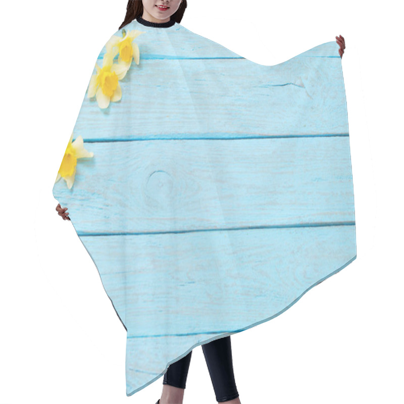 Personality  Spring Yellow Narcissus On Blue Wooden Background  Hair Cutting Cape