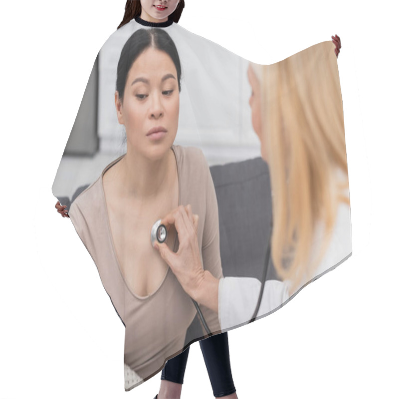 Personality  Blurred Doctor With Stethoscope Checking Lungs Of Sick Asian Woman At Home  Hair Cutting Cape