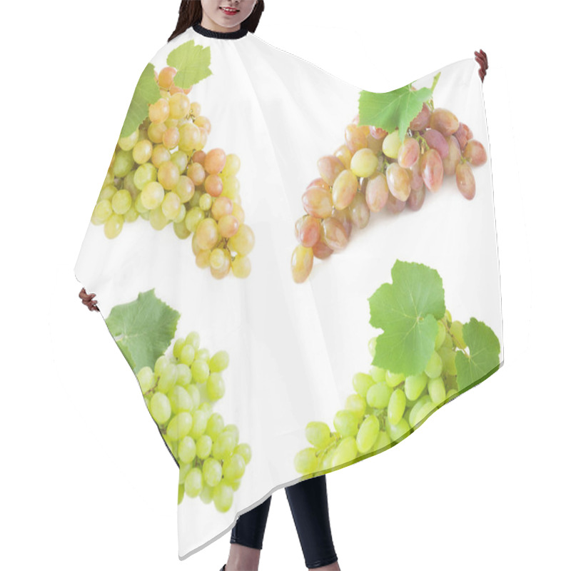 Personality  Tasty White And Red Wine In Glasses And Grapes With Leaves. Isolated On White. Set Hair Cutting Cape