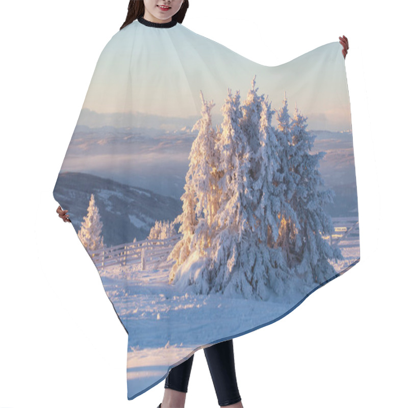 Personality  Frozen Snow-covered Group Of Trees At Kvitfjell Ski Resort Background At Sunset Hair Cutting Cape